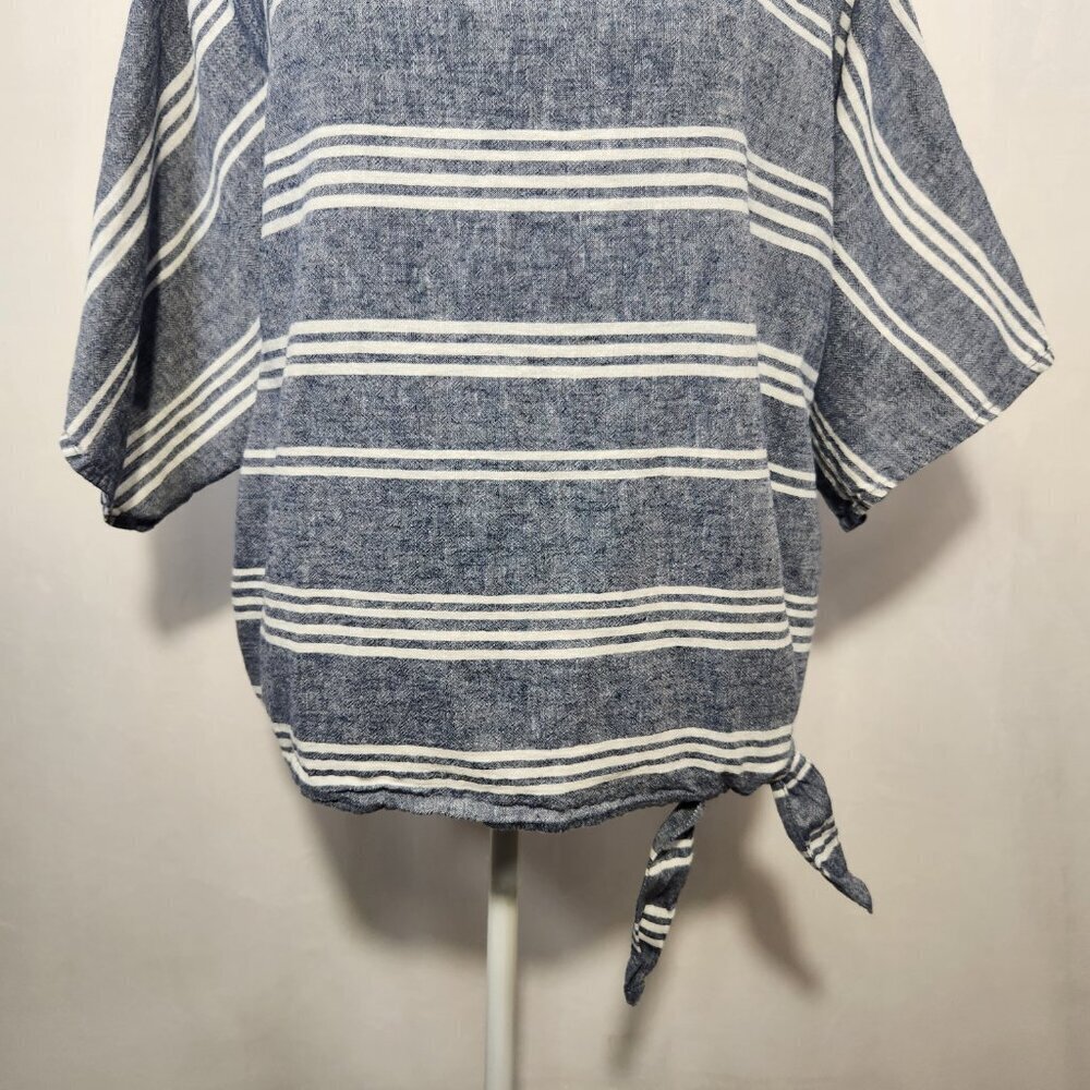 Beach Lunch Lounge Size Large Blue White Linen Blend Boxy Striped Side Tie Top - Picture 5 of 13
